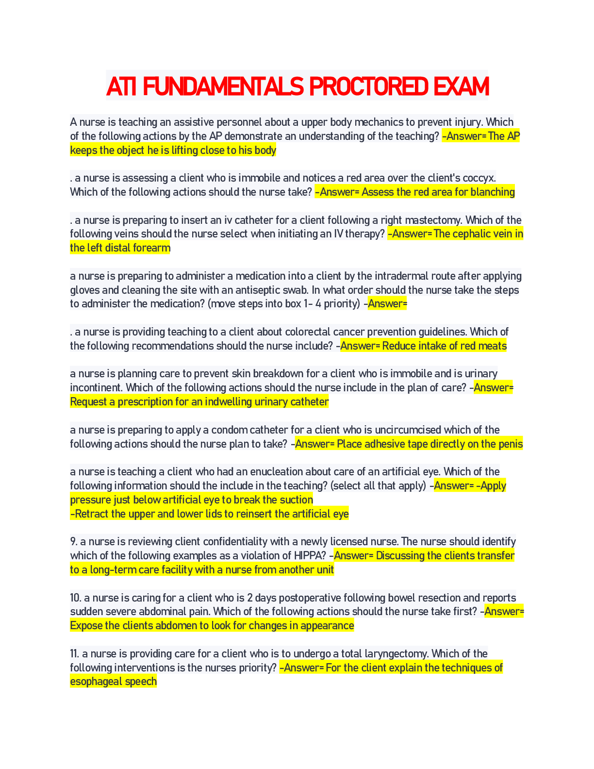 Preview image of ATI FUNDAMENTALS PROCTORED EXAM document